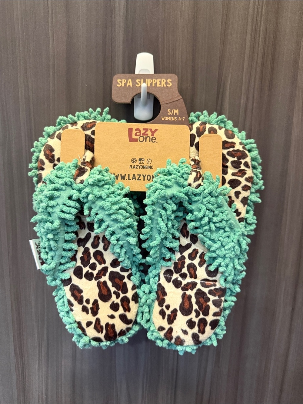 Lazy One Leopard Print Spa Slippers with Mint Green Chenille Accents